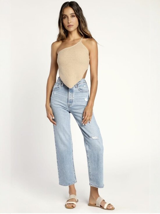 Lulus Tops - Lulus Giving Gorgeous Beige Knit Pointed-Hem One-Shoulder Crop Top NWT